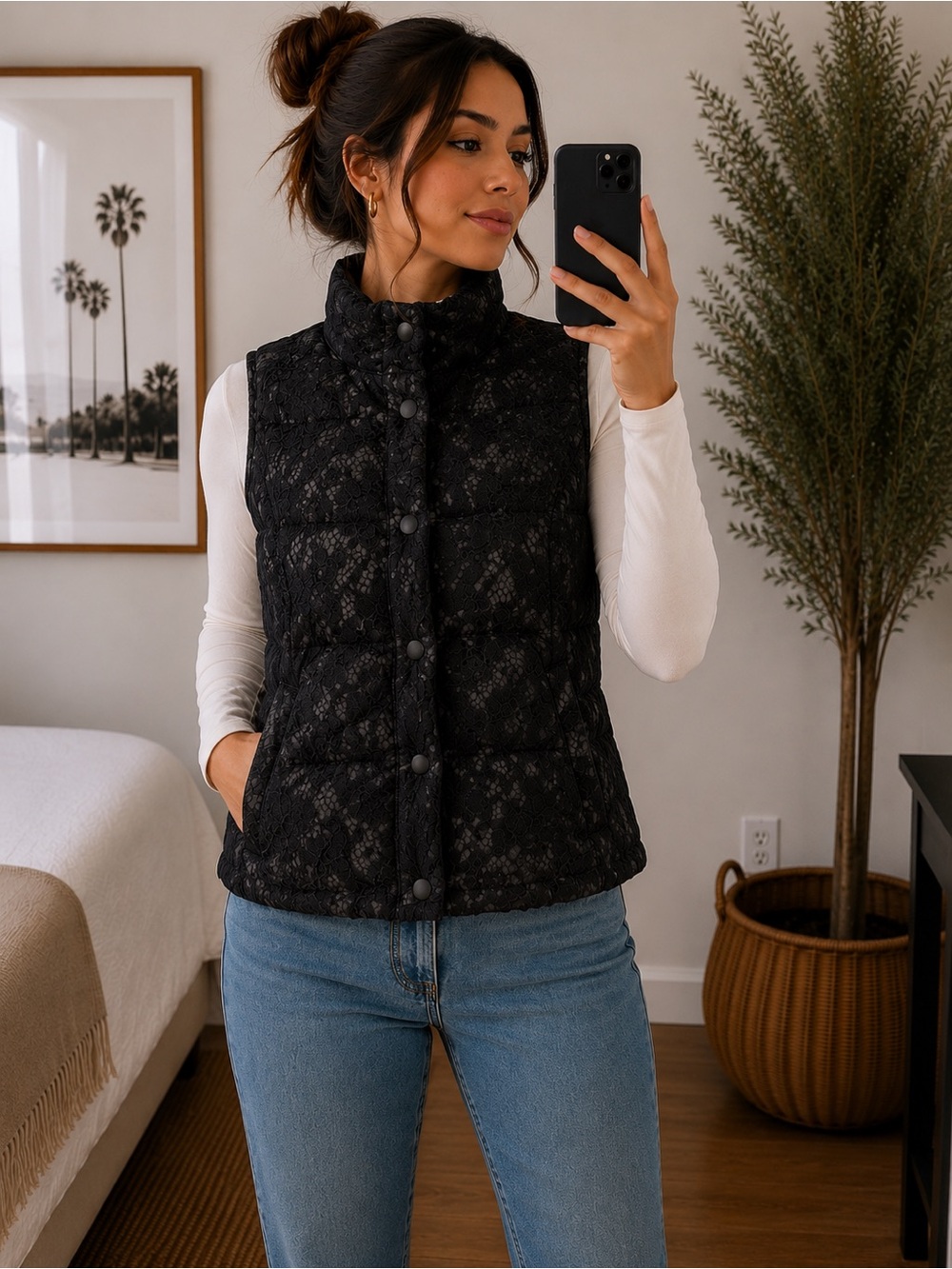 Roz & Ali Black Quilted Lace-Trim Vest